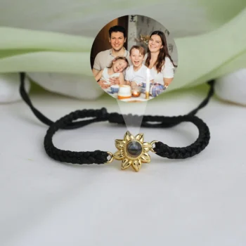 Personalized rope bracelet with sunflower design and hidden photo, memory jewelry.
