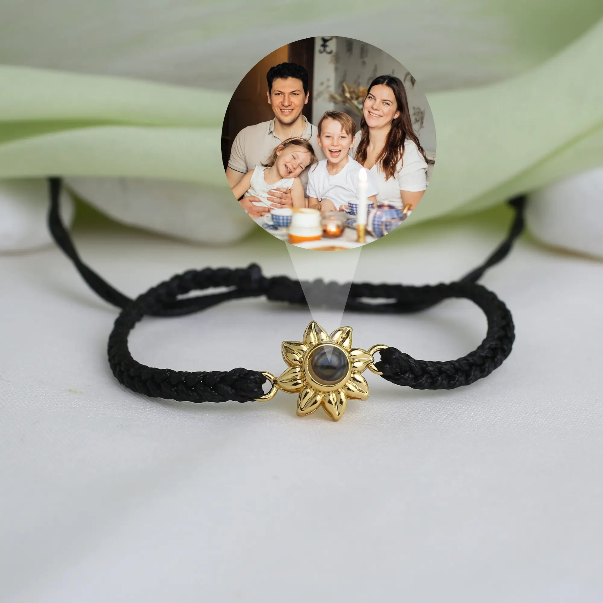 couple sunflower glow bracelet with photo Personalized rope bracelet with sunflower design and hidden photo, memory jewelry.