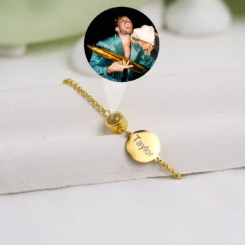 Elegant disc bracelet with secret projection photo, a one-of-a-kind jewelry gift.