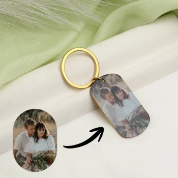 Metal keychain with custom printed photo, a romantic keepsake gift for couples.
