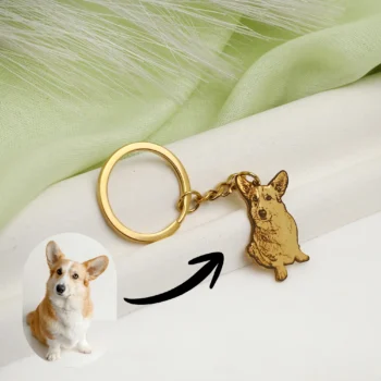 Metal keychain with engraved pet picture, unique keepsake gift.