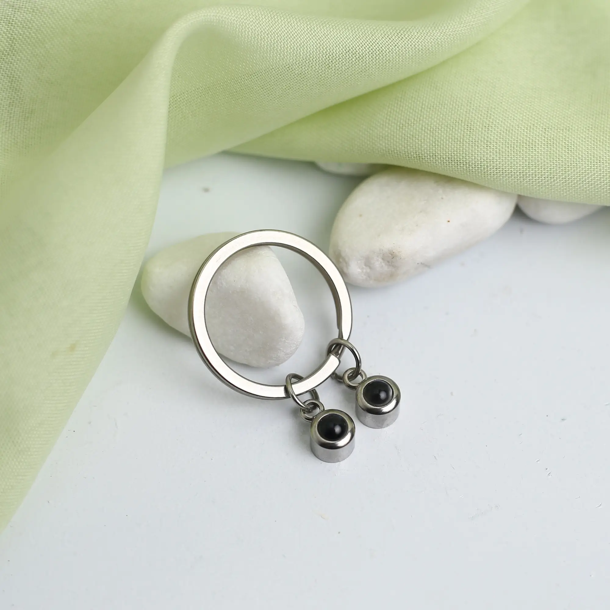 double circle projection memory keychain Double circle projection keychain with photo inside, a touching remembrance keepsake.