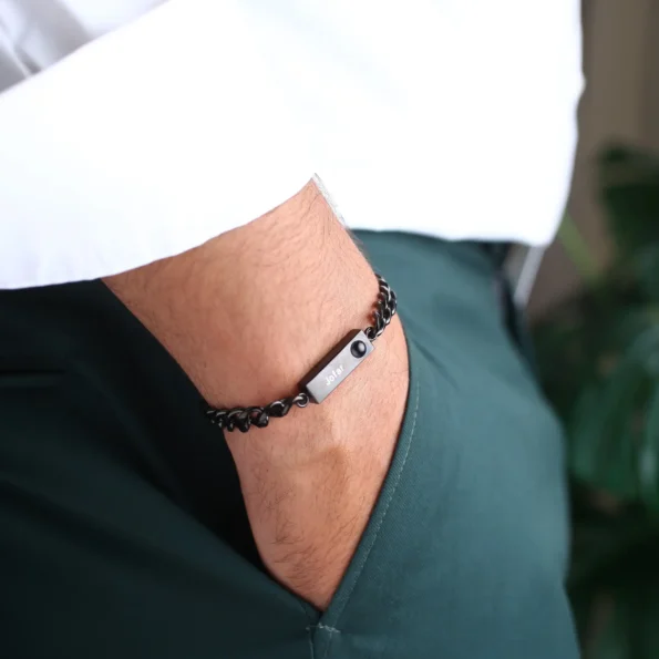 Custom bar bracelet with secret projection image and engraved name or special date.