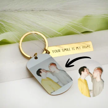 Custom UV color printed metal keychain with engraved photo, a meaningful keepsake gift.