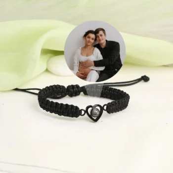 Personalized braided bracelet with heart charm and hidden photo, special gift for men.