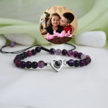 Cherish heart bracelet with frosted beads and hidden photo inside, special keepsake.