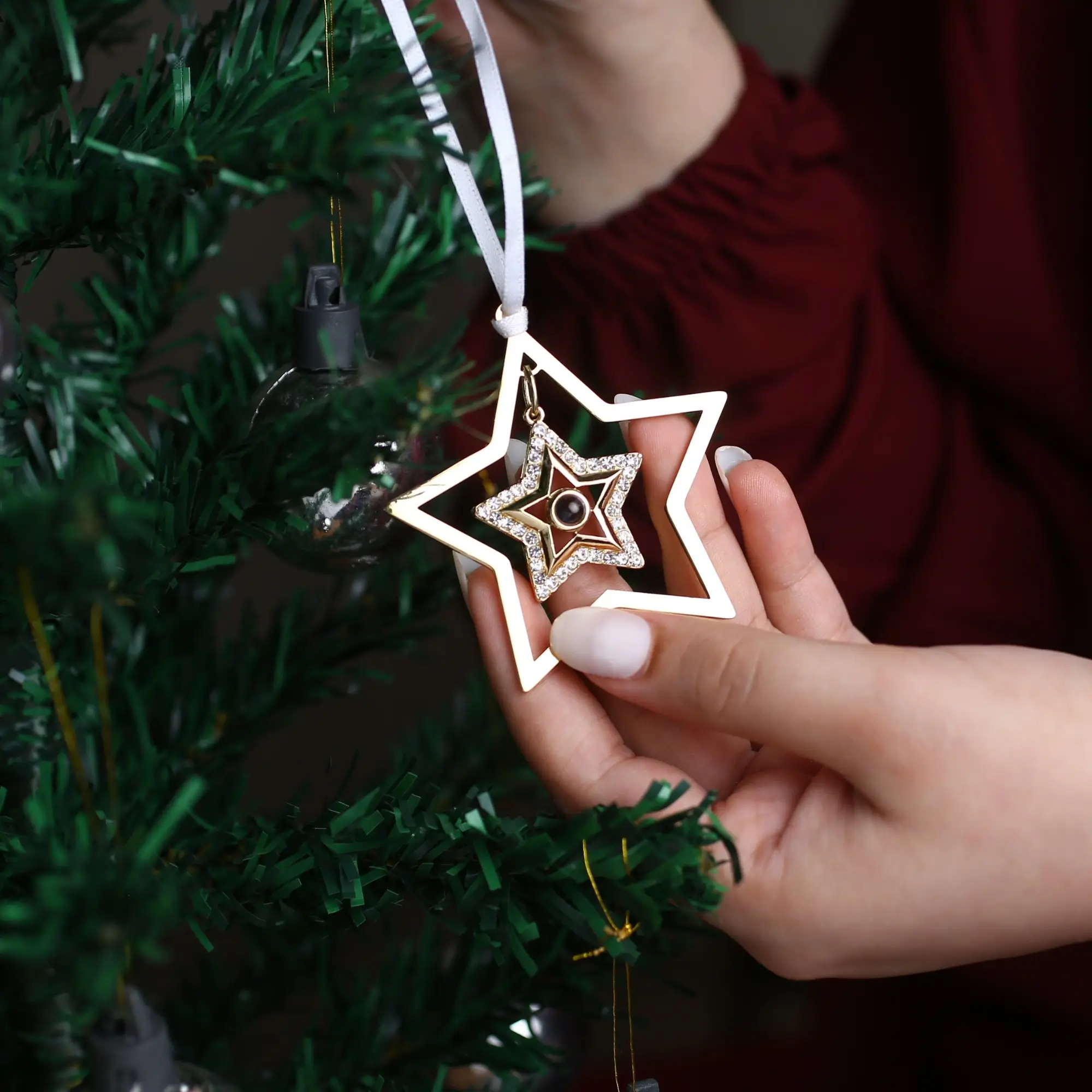 hidden picture star ornament Star ornament featuring a hidden picture inside, personalized holiday keepsake gift for tree decoration.