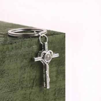 Personalized heart and cross keychain with hidden photo inside, symbolizing love, family, and faith.
