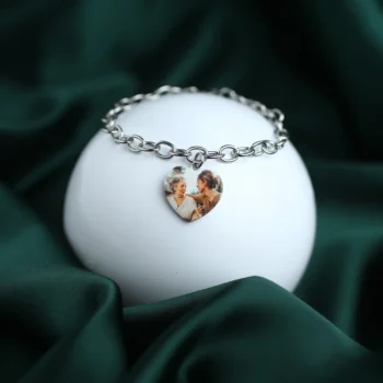 Elegant heart bracelet with printed image inside, a personalized jewelry piece.