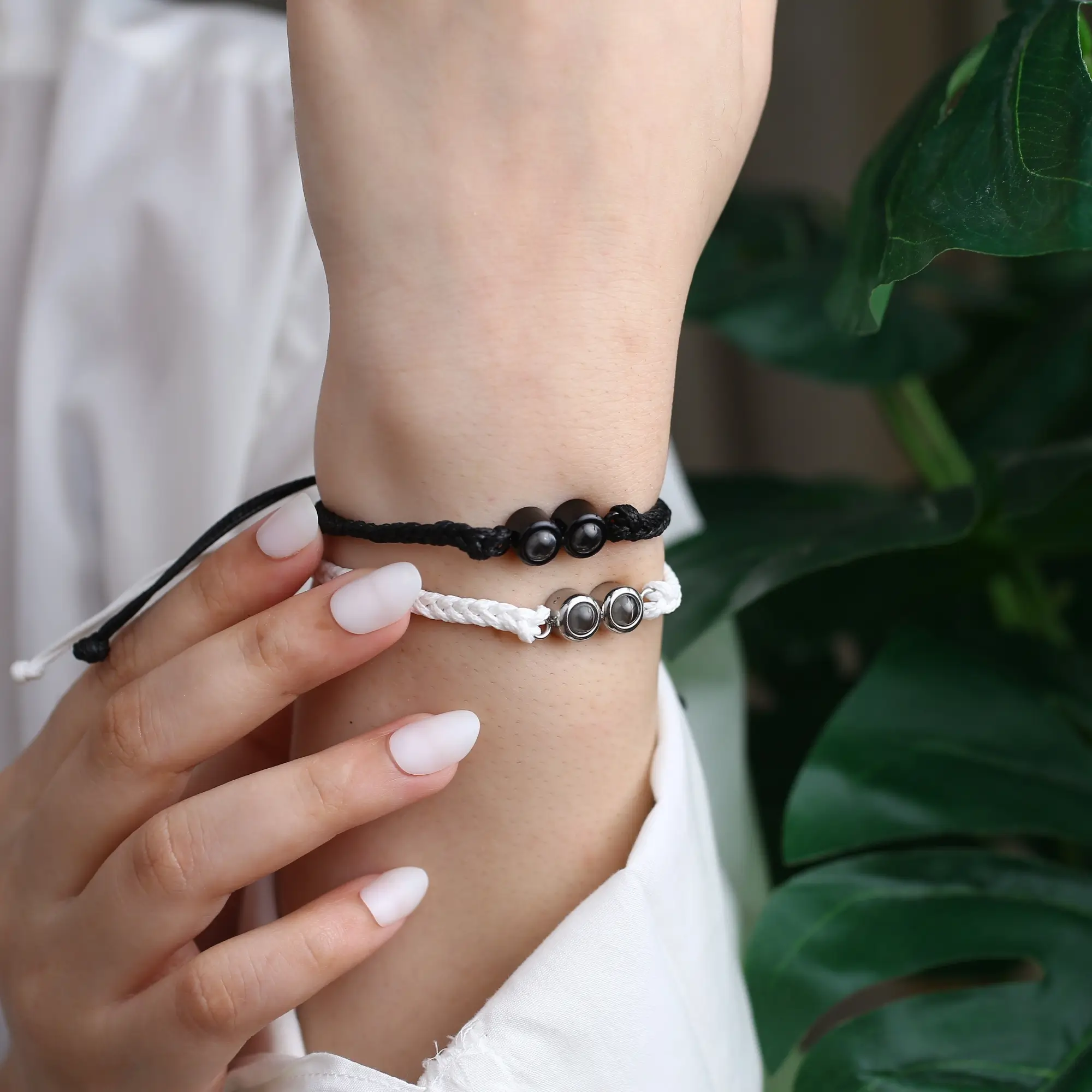 personalized bead bracelet two memories Duo bead bracelet holding two hidden projection photos, touching memorial jewelry.