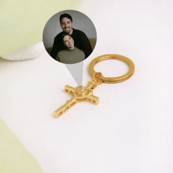Heart and cross projection keychain with hidden image inside, a remembrance keepsake for loved ones.