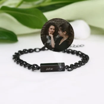 Bar-style projection bracelet with hidden photo and engraving, a meaningful jewelry gift.