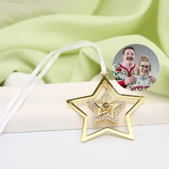 Christmas star ornament with custom photo inside, heartfelt gift idea for festive tree decoration.