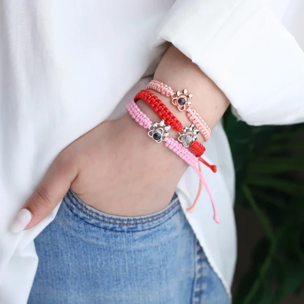 Paw braided bracelet with secret picture projection, meaningful keepsake gift.