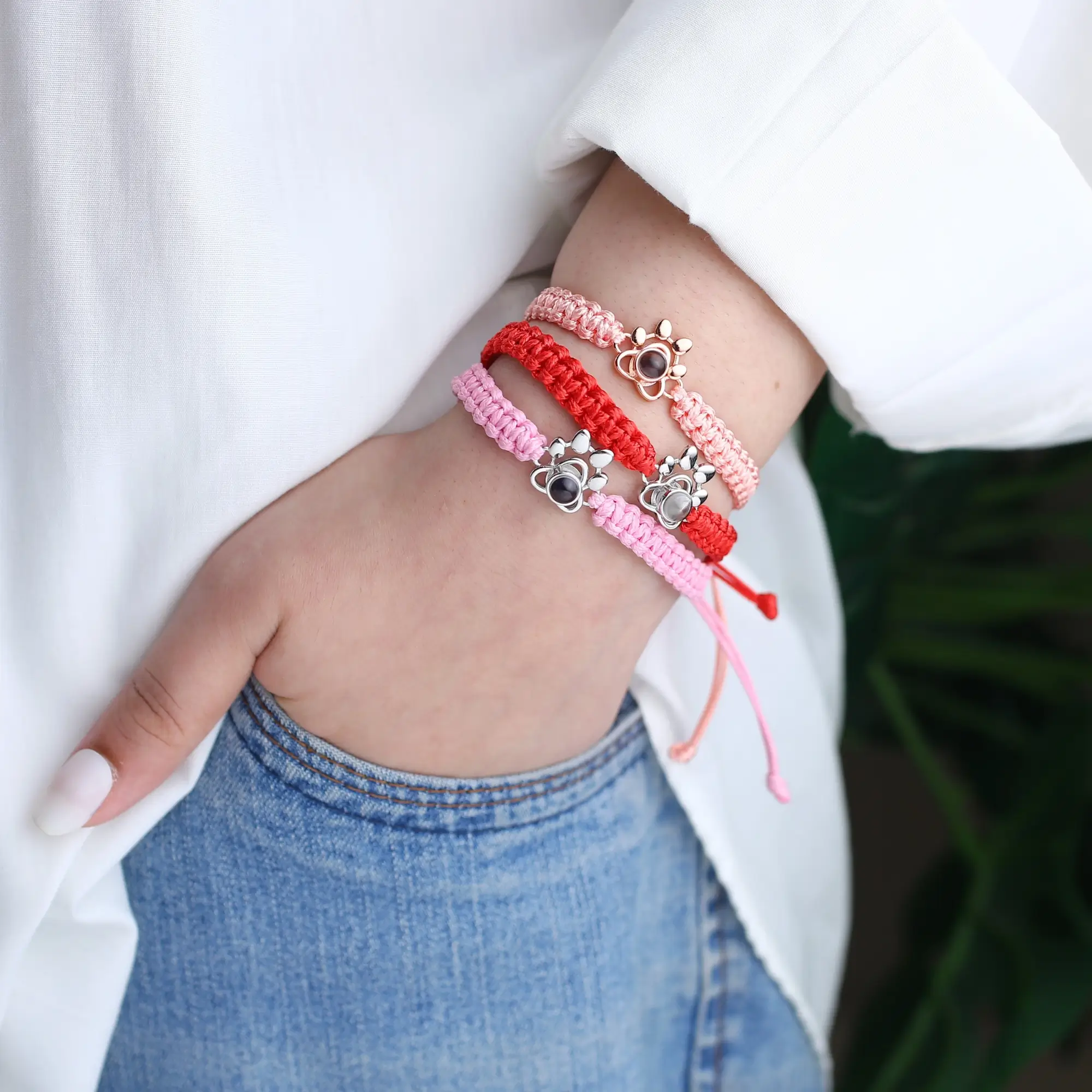 Paw braided bracelet with secret picture projection, meaningful keepsake gift.