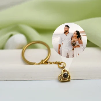 Heart-shaped projection keychain with hidden photo inside, a meaningful personalized keepsake.