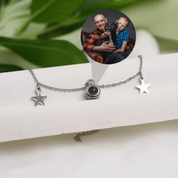 Elegant silver star charm bracelet with secret projection picture, a unique gift for her.