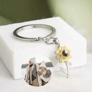 Personalized sunflower projection keychain with hidden picture inside, a heartfelt gift for her, mom, or someone special.
