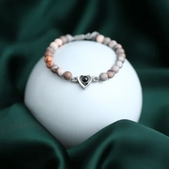 Cherish heart frosted stone bracelet with hidden photo inside, personalized keepsake jewelry.