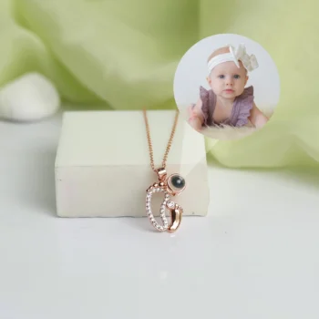 Elegant baby footprint necklace for mom with hidden projection photo inside, a timeless keepsake of motherhood.