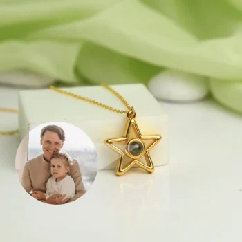 Star-shaped necklace with hidden photo projection, representing love, light, and cherished memories.