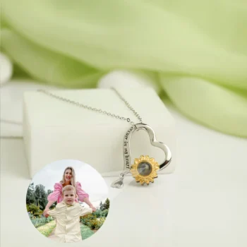 Sunflower heart necklace with hidden photo inside, a radiant personalized gift for mom or new mothers.