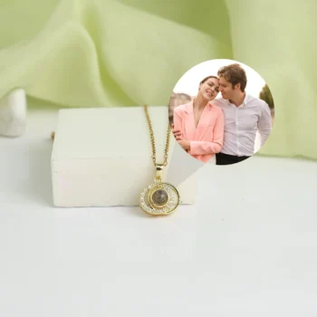 Elegant double halo necklace for her with CZ stones and hidden photo inside, a romantic personalized keepsake.