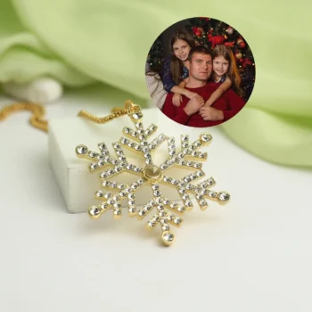 Snowflake necklace with hidden image inside, symbolizing love, warmth, and cherished holiday memories.