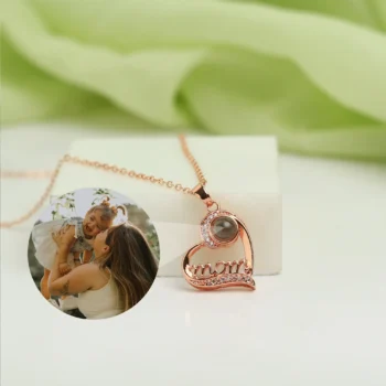 Custom heart pendant with hidden photo projection, a heartfelt jewelry gift celebrating motherhood and connection.
