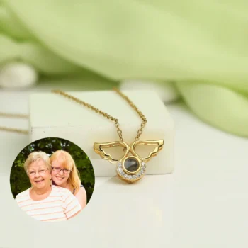 Memorial angel wings projection jewelry with photo inside, a heartfelt symbol of love and remembrance.