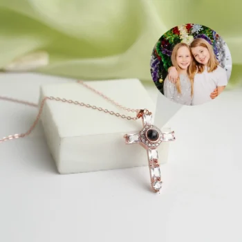 Religious crystal cross pendant with hidden picture, a sentimental necklace celebrating love and faith.