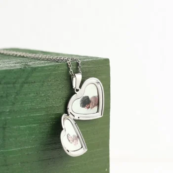 Heart necklace with engraved memory photo, a touching remembrance keepsake.