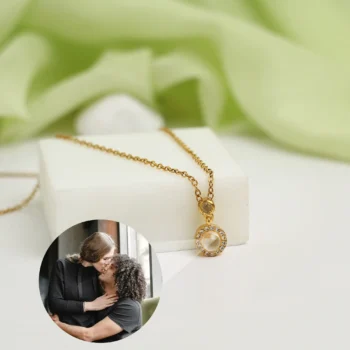 Custom round pendant necklace with secret photo projection inside, meaningful keepsake jewelry for her.