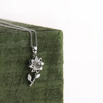 Personalized sunflower pendant with hidden image inside, thoughtful projection jewelry gift for her or mom.