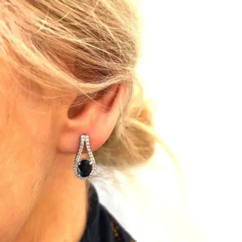 Genuine Real Sapphire Cut Out Silver Long Stud Earrings