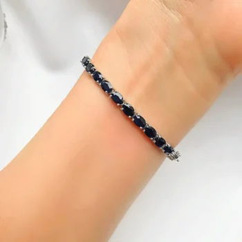Genuine Blue Sapphire 5 × 7 mm Oval Tennis Silver Bracelet