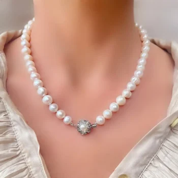 Natural Freshwater Pearl Necklace with Silver Rose Clasp