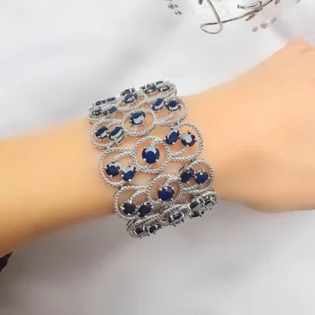 Genuine AA Sapphire Teardrop Shaped Large Silver Cuff Bracelet