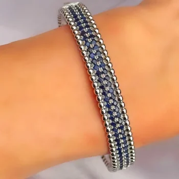 Genuine Sapphire Studded Silver Cuff Bangle Bracelet