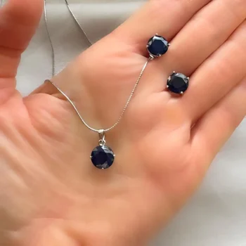 Genuine Natural Sapphire Round 9 mm Solitaire Silver Pendant and Earrings Set