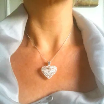 Sterling Silver 925 Threaded Basket Weave Heart Pendant Necklace