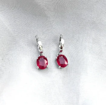 Genuine Ruby Solitaire Oval Short Drop Silver Earrings
