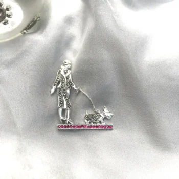 Silver Ruby Gemstone Dog Walking Brooch