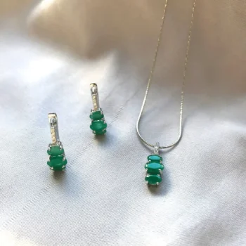 Genuine Emerald 3 Stone Pendant & Earring Set
