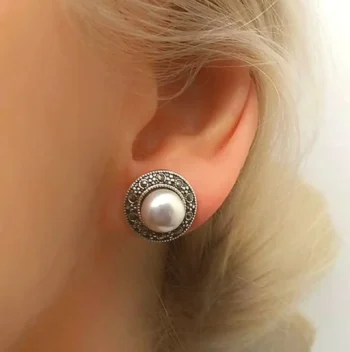 Natural Pearl and Marcasite Large Silver Stud Earrings