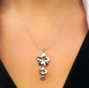 Sterling Silver 925 Matt Satin Finish Graduated Flower Cascading Pendant Necklace
