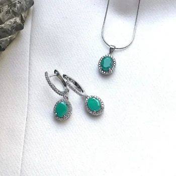 Genuine Natural Emerald Cut Out Halo Silver Pendant & Drop Earrings Set