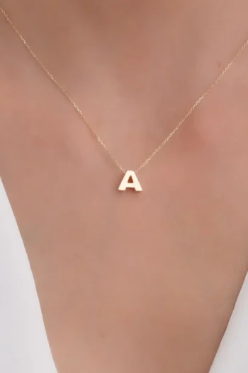 14K Solid Gold Dainty Initial Necklace – 3D Letter Pendant
