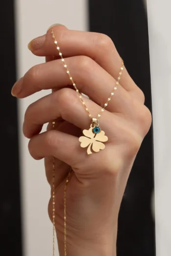 14K Solid Gold Four Leaf Clover Pendant Necklace – Blue Eye Clover Charm