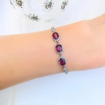 Genuine Ruby 3 Stone Oval Halo Silver Bracelet
